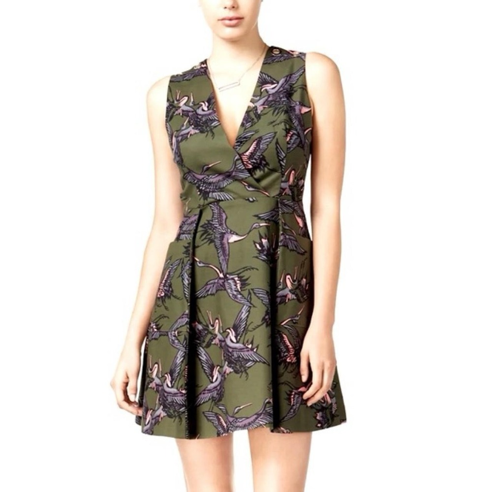RACHEL Rachel Roy Army/Forest Green Pink Crane Bird Print Fit & Flare Mini Dress